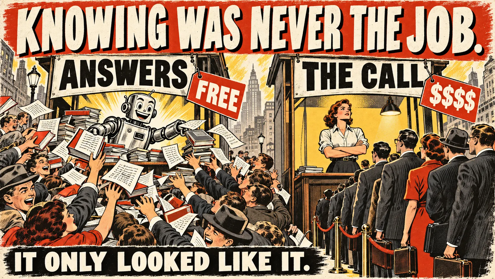 A pulp poster of two market stalls: a robot under an ANSWERS sign priced FREE hands books and code to a scrambling crowd, while an engineer under a THE CALL sign priced $$$$ has a long queue waiting. Top: KNOWING WAS NEVER THE JOB. Bottom: IT ONLY LOOKED LIKE IT.