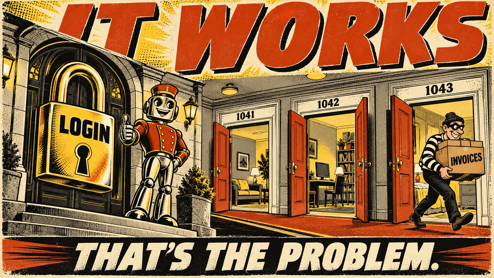 A pulp illustration: an apartment building with a giant LOGIN padlock on the front door and a robot doorman giving a thumbs up, while inside every numbered apartment door stands open and a burglar walks out of 1043 with boxes labelled INVOICES. Top: IT WORKS. Bottom: THAT'S THE PROBLEM.