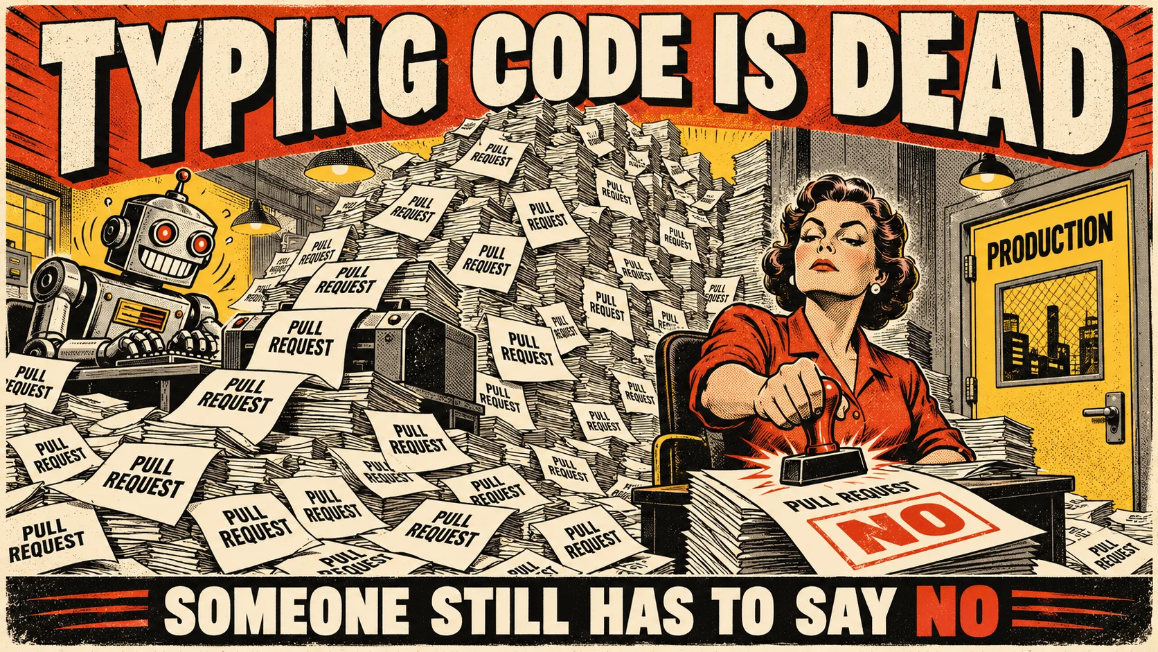 A pulp illustration: a grinning robot at a keyboard buries an office in sheets labelled PULL REQUEST while an engineer at a desk by the PRODUCTION door stamps NO on the top sheet. Top: TYPING CODE IS DEAD. Bottom: SOMEONE STILL HAS TO SAY NO.