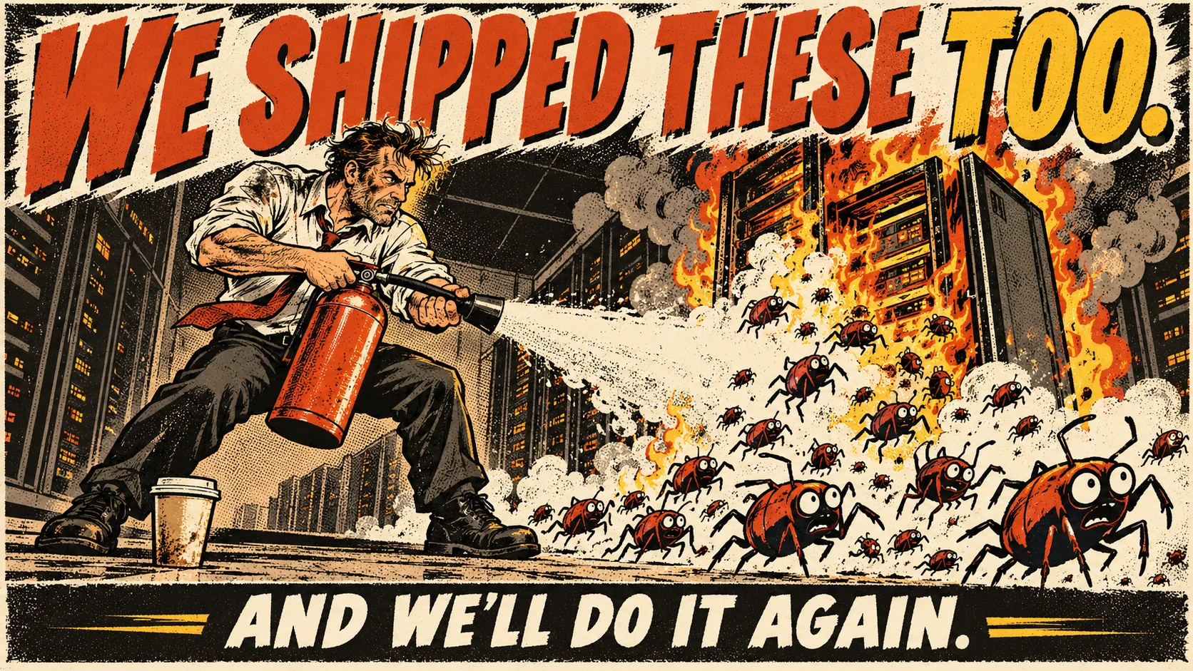 A pulp illustration: a sooty veteran engineer blasts a burning server room with a fire extinguisher while cartoon bugs scurry out, a cold coffee at his feet. Top: WE SHIPPED THESE TOO. Bottom: AND WE'LL DO IT AGAIN.