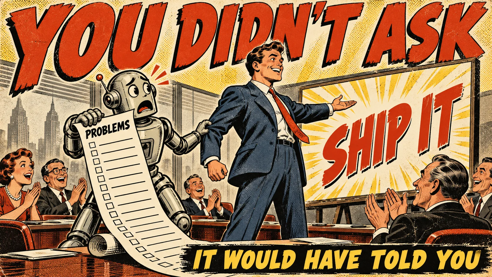 A pulp illustration: a beaming developer points at a board reading SHIP IT while a worried robot beside him holds a long checklist titled PROBLEMS and tugs at his sleeve, ignored. Top: YOU DIDN'T ASK. Bottom: IT WOULD HAVE TOLD YOU.