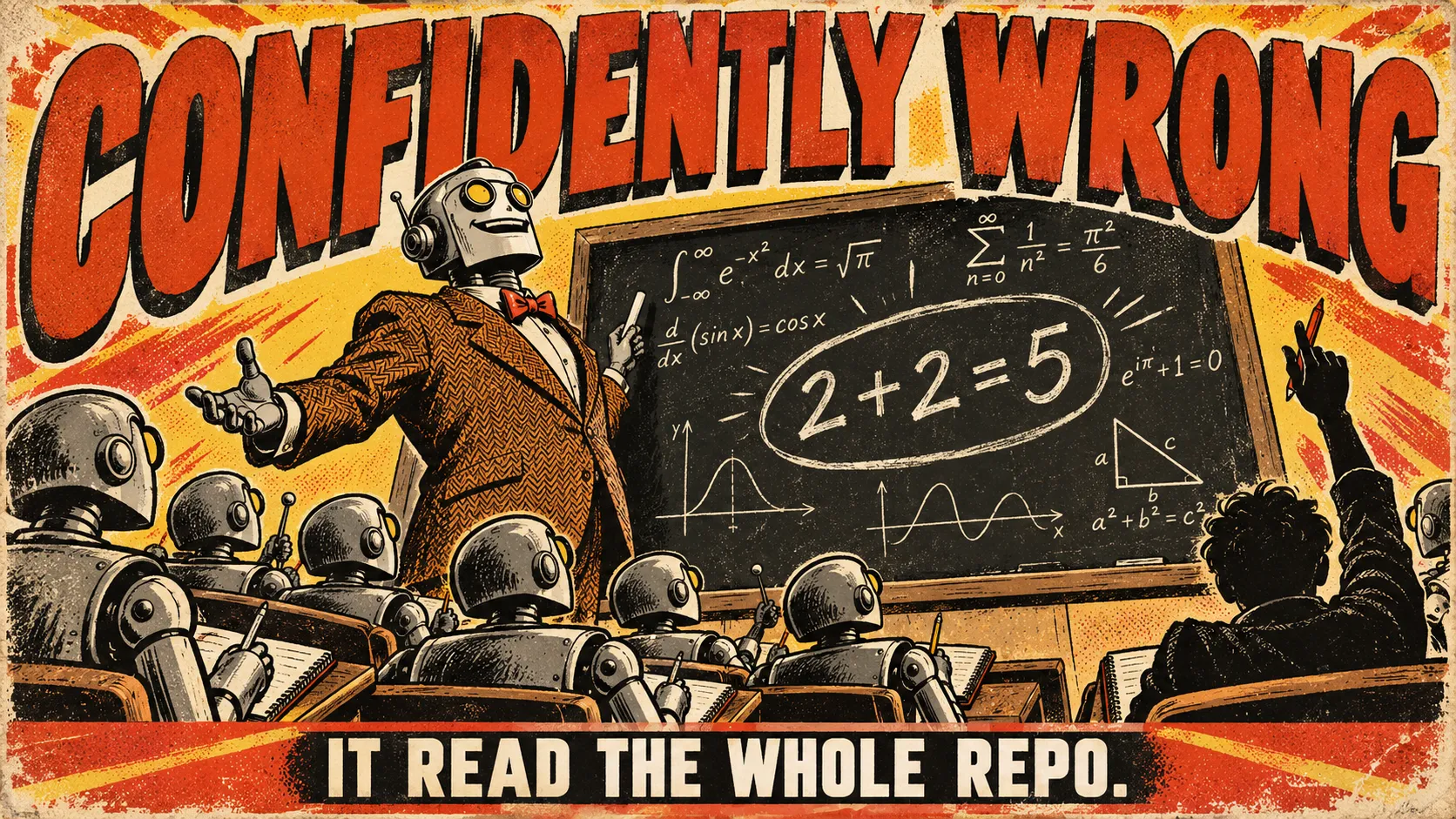 Pulp poster reading "Confidently wrong": a robot professor in tweed lectures a class of nodding robots in front of a chalkboard where 2 + 2 = 5 is circled, while one human at the back raises a hand. Bottom line: it read the whole repo.