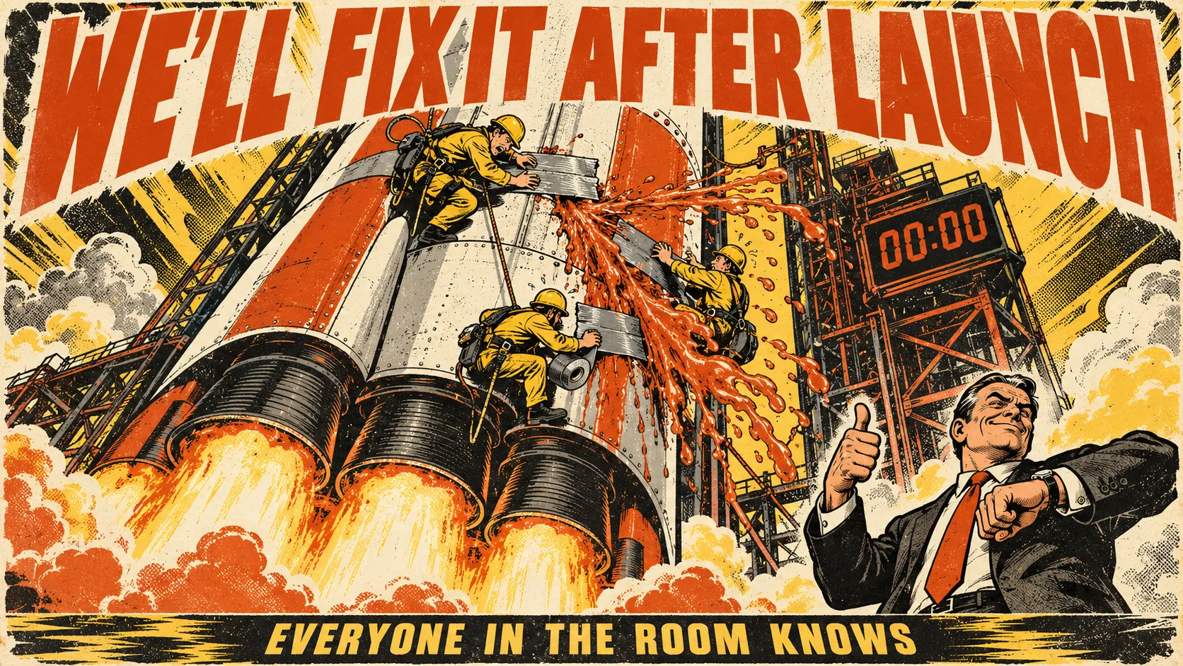 Pulp poster reading "We'll fix it after launch": engineers duct-tape a spraying leak on a rocket mid-launch while a manager gives a thumbs up and checks his watch. Bottom line: everyone in the room knows.