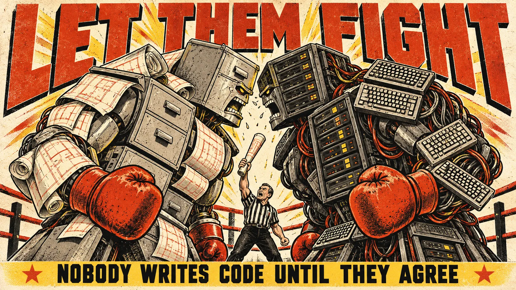 Pulp fight poster reading "Let them fight": a robot built from filing cabinets and blueprints squares up to a robot built from server racks and keyboards while a referee holds up a rolled blueprint. Bottom line: nobody writes code until they agree.