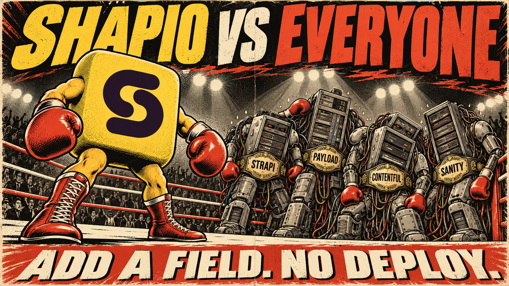 Pulp fight poster reading "Shapio vs everyone": the yellow Shapio S mark as a boxer in red gloves faces four sweating server-rack robots wearing belts labelled Strapi, Payload, Contentful and Sanity. Bottom line: add a field, no deploy.