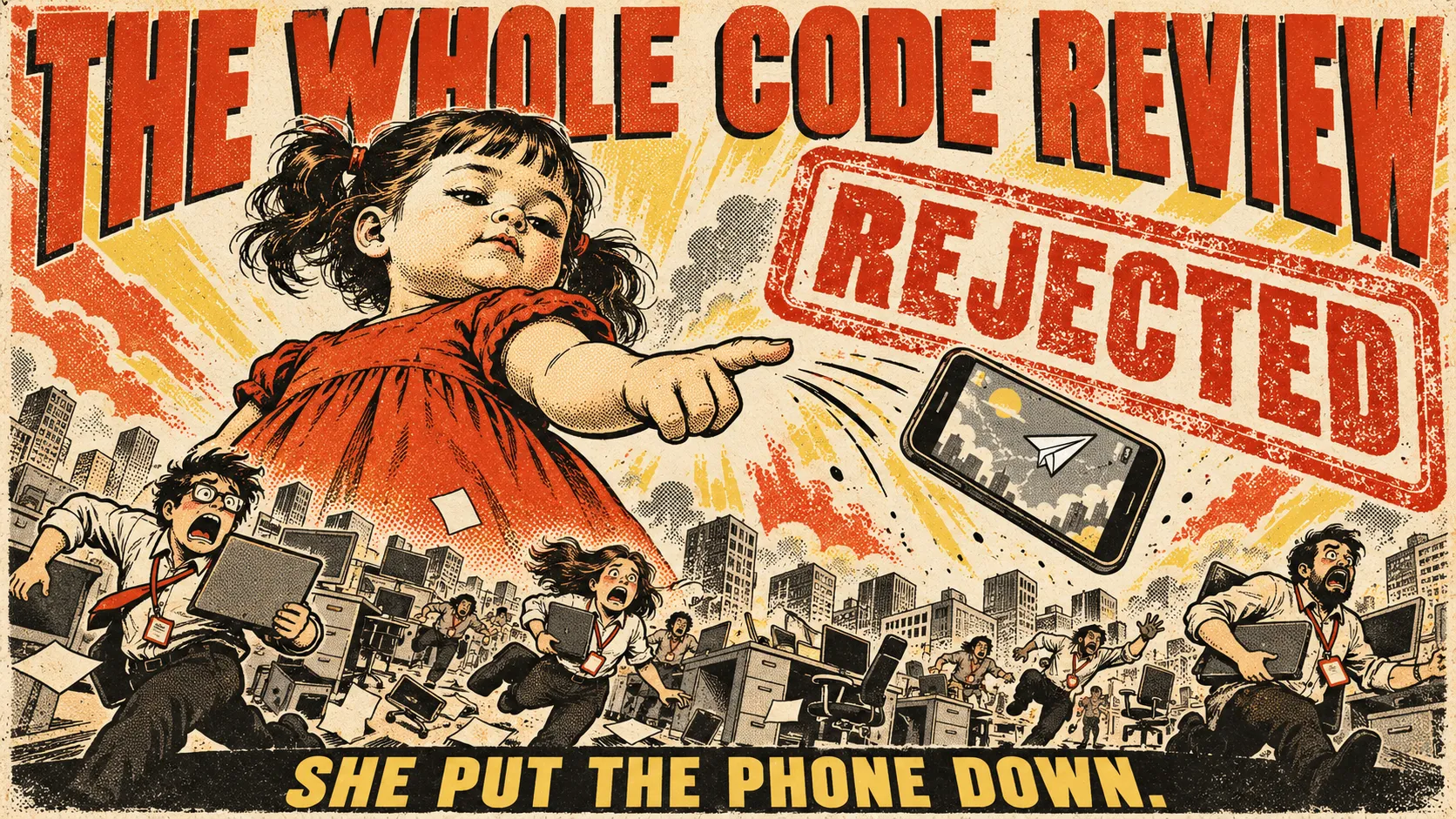 Pulp poster reading "The whole code review": a giant toddler flicks a smartphone away over a city of fleeing developers, under a huge REJECTED stamp. Bottom line: she put the phone down.