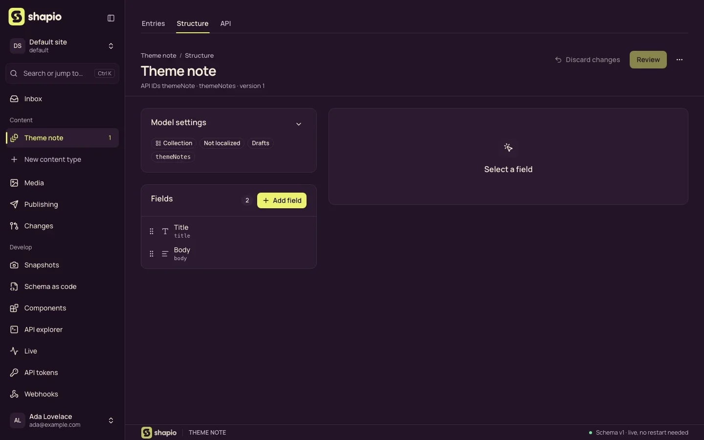 The Shapio admin showing the Structure tab of a content type called Theme note, with its two fields, Title and Body, and an Add field button.