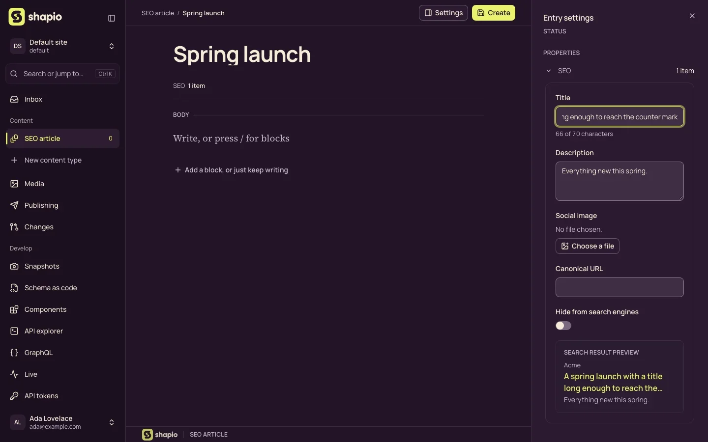 The Shapio entry editor with the SEO group open beside a post: title with a character count, description, social image, canonical URL, a hide from search engines switch and a search result preview.