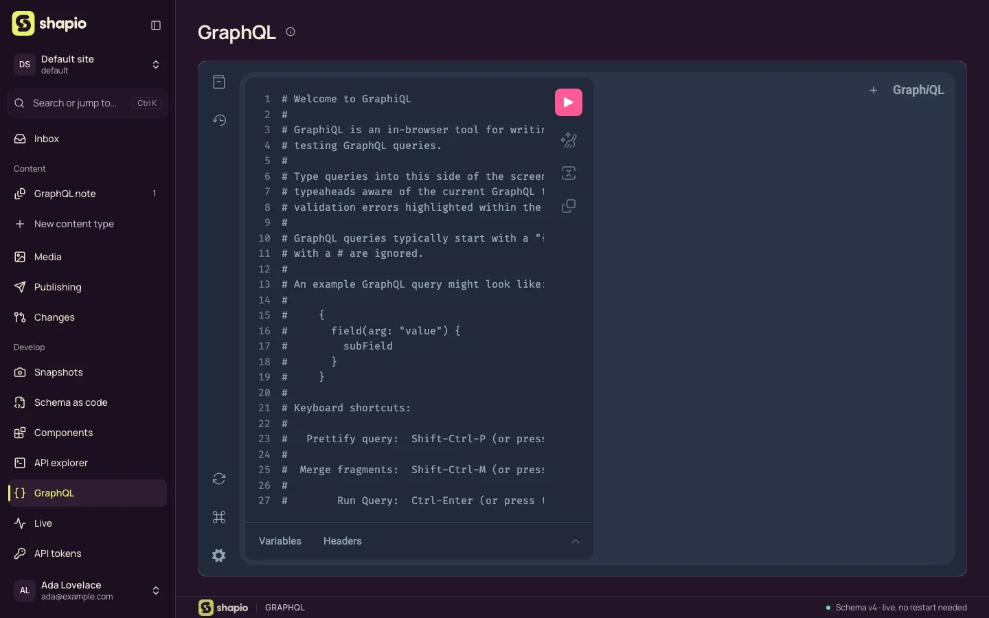 The GraphQL page in the Shapio admin: the GraphiQL playground with its query editor and run button.
