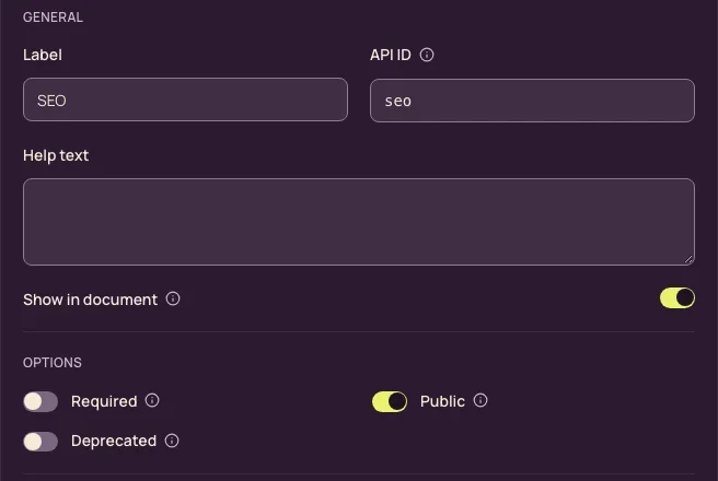 The settings of an SEO field in the Shapio builder: label, API ID, help text, a Show in document switch turned on, and the Required, Public and Deprecated options.