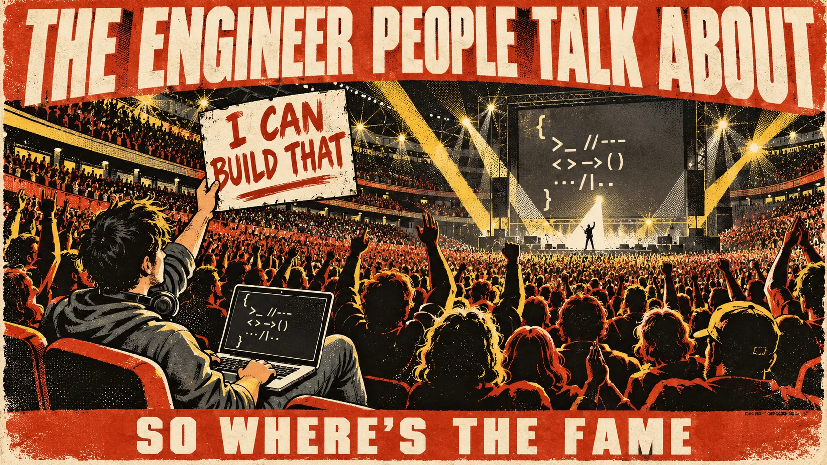 A pulp illustration: a packed arena, a spotlit speaker on a distant stage with code on the giant screen, and in the cheap seats one engineer with a laptop showing the same code holds up a sign reading I CAN BUILD THAT. Top: THE ENGINEER PEOPLE TALK ABOUT. Bottom: SO WHERE'S THE FAME.