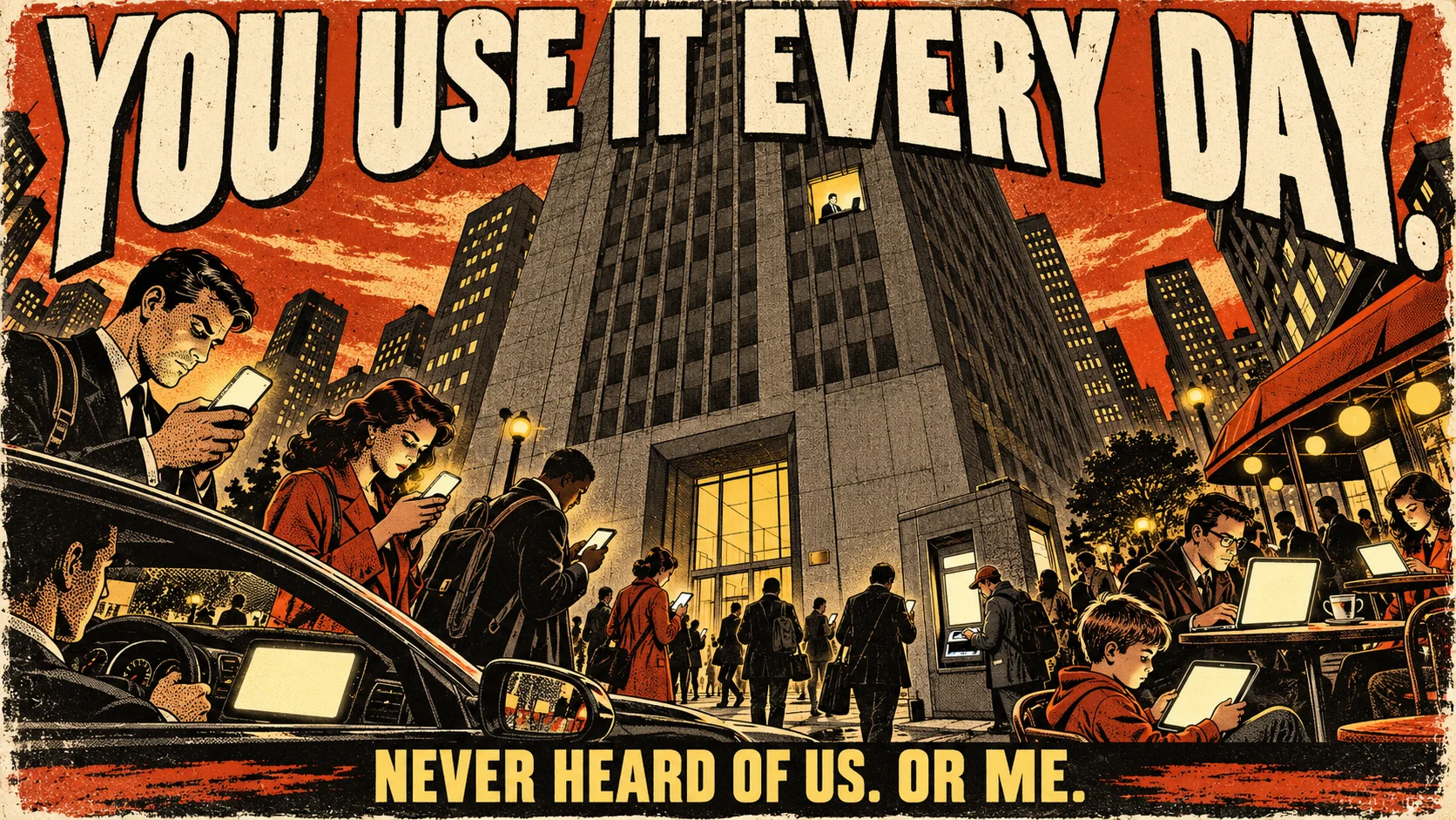 A pulp illustration: a dusk street crowded with people absorbed in glowing phones, laptops, a cash machine, a car screen and a child's tablet, nobody looking up at the huge nameless grey office tower behind them, where one tiny engineer works at a desk in a single lit window. Top: YOU USE IT EVERY DAY. Bottom: NEVER HEARD OF US. OR ME.